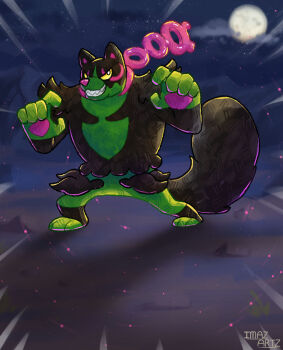 artist_name cloud commentary emphasis_lines english_commentary full_body full_moon grin imazartz moon night nintendo okidogi outdoors pokemon pokemon_(creature) pokemon_focus sharp_teeth sky smile solo standing star_(sky) teeth