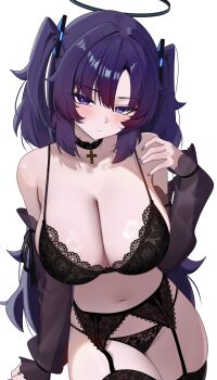 1girl absurdres bare_shoulders black_bra black_garter_belt black_halo black_panties black_thighhighs blue_archive blue_eyes blue_hair blush bra breasts choker cleavage closed_mouth commentary cross cross_choker detached_sleeves fingernails floral_print floral_print_bra floral_print_panties garter_belt garter_straps grey_nails hair_between_eyes hair_ornament halo highres large_breasts long_hair looking_at_viewer mcbox nail_polish navel panties print_panties red_pupils see-through_clothes see-through_sleeves shiny_skin simple_background skindentation solo stomach symbol-only_commentary thighhighs thighs triangle_hair_ornament two_side_up underwear white_background yuuka_(blue_archive)