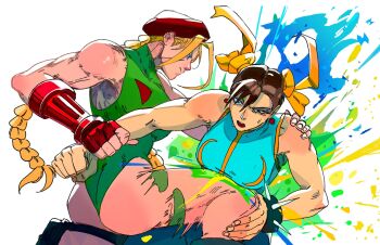 2girls ass bare_shoulders blonde_hair bracelet breasts brown_hair cammy_white capcom chun-li earrings fighting highres jewelry large_breasts leotard long_hair mavros multiple_girls sitting sleeveless spiked_bracelet spikes street_fighter street_fighter_zero_(series) thong_leotard