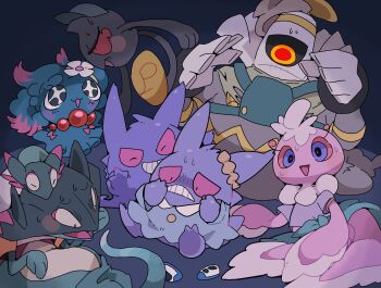 +_+ absurdres blush blush_stickers closed_eyes clothed_pokemon commentary dragapult dreepy dress dusknoir flower frillish frillish_(female) gen_1_pokemon gen_2_pokemon gen_4_pokemon gen_5_pokemon gen_8_pokemon gengar grin hat highres hilary_(pokemon) misdreavus nintendo no_humans on_head open_mouth pokemon pokemon_(anime) pokemon_(creature) pokemon_on_head poketoon scrunchie shirt short_sleeves smile sweat teeth tongue white_flower winter939 yamask