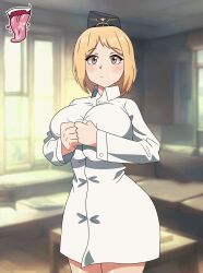 1girl :d animated animated_gif blonde_hair blush bottomless bouncing_breasts breasts brown_eyes closed_eyes collarbone commentary cowboy_shot flashing garrison_cap girls&#039;_frontline hat highres indoors laceysx large_breasts logo long_sleeves looking_at_viewer military_hat mp40_(girls&#039;_frontline) naked_shirt navel nipples open_clothes open_mouth open_shirt pussy shirt short_hair smile solo standing uncensored undressing white_shirt wide_hips