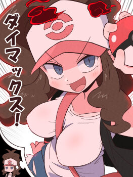 1girl arm_up bag baseball_cap between_breasts big_hair black_vest blue_eyes blue_shorts breasts brown_hair chibi dynamax exposed_pocket eyebrows_visible_through_hat from_above hand_on_own_hip hat highres hilda_(pokemon) holding holding_poke_ball imagining impossible_clothes impossible_shirt kurachi_mizuki large_breasts looking_at_viewer medium_breasts nintendo no_bra open_clothes open_mouth open_vest poke_ball poke_ball_(basic) pokemon pokemon_bw shirt shorts shoulder_bag sleeveless sleeveless_shirt smile speech_bubble strap_between_breasts thought_bubble v-shaped_eyebrows vest white_shirt