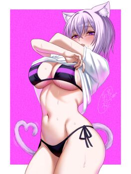 1girl absurdres animal_ears bikini black_bikini border breasts cat_ears cat_girl cat_tail clothes_lift cowboy_shot heart heart-shaped_pupils highres hololive kizakura_art large_breasts nekomata_okayu purple_background purple_eyes purple_hair purple_tail shirt shirt_lift side-tie_bikini_bottom signature simple_background solo swimsuit symbol-shaped_pupils tail undressing virtual_youtuber white_border white_shirt