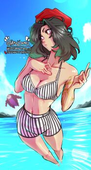 1boy 1girl absurdres arm_tattoo beret black_hair breasts clair_obscur:_expedition_33 cleavage gold_tattoo hat haysey highres long_hair lune_(clair_obscur:_expedition_33) medium_breasts medium_hair navel red_hat solo_focus striped swimsuit tattoo water