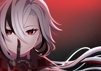 1girl arlecchino_(genshin_impact) black_eyes black_hair finger_to_mouth genshin_impact hair_between_eyes highres long_hair multicolored_hair red_pupils shushing simple_background streaked_hair symbol-shaped_pupils two-tone_hair user_mwgd7442 white_hair x-shaped_pupils