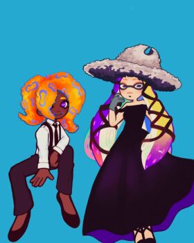 2girls black_dress black_necktie black_pants black_shoes black_suspenders blonde_hair blue_background blue_hair cephalopod_eyes collared_shirt commission dark-skinned_female dark_skin domino_mask dress eye_mask gloves grey_eyes grey_gloves grey_hat hair_over_one_eye hat highres invisible_chair long_hair long_sleeves looking_at_viewer mask multicolored_hair multiple_girls necktie nintendo octoling off-shoulder_dress off_shoulder orange_hair pants patterned_hair purple_eyes purple_hair second-party_source shirt shoes simple_background sitting smile splatoon_(series) splatoon_3 sploonyoo suction_cups tao_blu_(splatoon) tentacle_hair weezer_(band) weezer_(blue_album) white_shirt yoko_(splatoon)