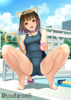 1girl :d animal_ears arm_support bare_arms bare_legs bare_shoulders barefoot bell blue_one-piece_swimsuit blue_sky breasts brown_hair building cameltoe cat_ears cat_girl cat_tail cloud cloudy_sky collar collarbone commentary_request covered_navel day fingernails jingle_bell koutaro looking_at_viewer neck_bell old_school_swimsuit one-piece_swimsuit open_mouth original outdoors poolside purple_collar red_eyes school_swimsuit sky small_breasts smile solo spread_legs swimsuit tail tiptoes twitter_username v water window