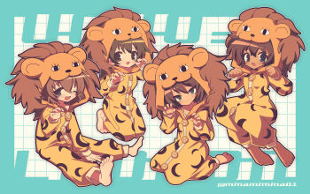 aqua_background barefoot brown_eyes brown_hair claw_pose closed_mouth commentary dark-skinned_female dark_skin girls_und_panzer girls_und_panzer_senshadou_daisakusen! green_eyes highres hood hood_up hoshino_(girls_und_panzer) jumpsuit kneeling lion_hood minami_mina nakajima_(girls_und_panzer) official_alternate_costume one_eye_closed onesie open_mouth orange_jumpsuit sitting smile suzuki_(girls_und_panzer) text_background tsuchiya_(girls_und_panzer) twitter_username