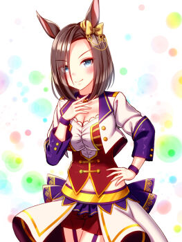 1girl air_groove_(umamusume) animal_ears blue_eyes blush bodice bow breasts brown_hair choker cleavage closed_mouth collarbone commentary_request corset cropped_jacket ear_bow ear_chain garter_straps hair_between_eyes highres horse_ears horse_girl jacket large_breasts linked_piercing long_sleeves looking_at_viewer midriff_peek navel no_tail overskirt pendant_choker piercing purple_choker purple_garter_straps red_corset red_shorts shirt short_hair shorts smile starting_future_(umamusume) sugimotty_nova umamusume white_jacket white_shirt wristband yellow_bow