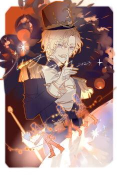 1boy blonde_hair blue_eyes epaulettes facial_hair finger_to_mouth full_body gloves hair_between_eyes hair_ornament hashtag-only_commentary hat highres index_finger_raised liulianjingrua long_sleeves looking_at_viewer male_focus military_uniform mustache noah_(afterl!fe) noah_(plave) noah_ebalon plave short_hair shushing solo sword weapon white_gloves