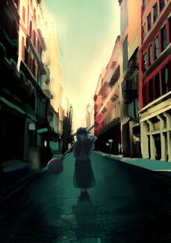 1girl absurdres black_capelet black_hair black_hat black_shoes black_skirt bow capelet cityscape closed_mouth collar day hair_between_eyes hat hat_bow highres holding_road_sign long_sleeves mary_janes medium_hair muraryo red_eyes road road_sign shirt shoes sign skirt sleeve_cuffs smile solo street tagme touhou usami_renko white_bow white_collar white_shirt