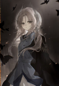 1girl absurdres black_cape blue_jacket cape floating_hair grey_background grey_eyes grey_hair hair_ornament highres jacket long_hair looking_at_viewer low_ponytail lv11 military_uniform ponytail reverse:1999 rifle_cartridge sentinel_(reverse:1999) side_cape solo upper_body