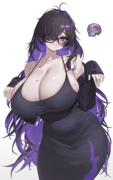 1girl bags_under_eyes black_hair breasts cleavage closed_mouth collarbone contrapposto detached_sleeves dress glasses goddess_of_victory:_nikke hair_intakes hair_over_one_eye hands_up highres huge_breasts kuavera label_(nikke) long_hair looking_at_viewer messy_hair mole mole_on_breast multicolored_hair purple_hair simple_background skindentation skull sleeveless sleeveless_dress sleeves_past_wrists solo strap_gap sweat two-tone_hair very_long_hair wavy_mouth white_background