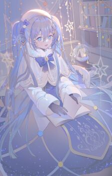1girl absurdres bass_clef blue_bow blue_gloves blue_hair blue_tabard book book_on_lap bookshelf bow capelet clock_print crystal_ball fortissimo fur-trimmed_capelet fur_trim gloves glowing_snowflake hair_ornament hatsune_miku highres holding holding_book indoors instrument_hair_ornament light_blue_hair light_bulb_hair_ornament long_hair long_sleeves luzi/fengli_nanzi mini_hat mini_shako_cap musical_note musical_note_hair_ornament owl_hat shako_cap sketch snowflake_in_eye snowflake_print solo string_of_light_bulbs tabard treble_clef twintails very_long_hair vocaloid white_capelet winter_clothes yuki_miku yuki_miku_(2021)