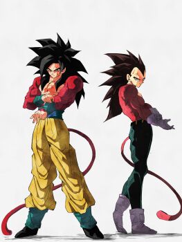 Rule 34 | absurdres, blue sash, boots, dougi, dragon ball, dragon ball gt, full body, green eyes, highres, looking at viewer, male focus, monkey tail, muscular, muscular male, pants, pato007711, sash, simple background, son goku, spiked hair, super saiyan, super saiyan 4, tail, vegeta, white background