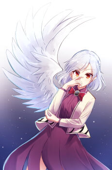 1girl angel_wings bow bowtie commentary_request covering_own_mouth dress feathered_wings grey_hair hand_over_own_mouth highres jacket kachuten kishin_sagume long_sleeves looking_at_viewer open_clothes open_jacket purple_dress red_bow red_bowtie red_eyes single_wing solo touhou white_wings wings