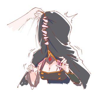 1girl 1other absurdres breasts bullying cleavage commentary cropped_torso english_commentary highres hololive hololive_english hyde_(tabakko) large_breasts mori_calliope mori_calliope_(1st_costume) nail_polish pink_hair sketch virtual_youtuber white_background zipper_pull_tab