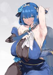 1girl absurdres armpit_focus armpits backless_dress backless_outfit black_survival blue_dress blue_eyes blue_flower blue_gemstone blue_hair blue_lips braid breasts bridal_gauntlets brown_pantyhose chair cleavage covered_erect_nipples covered_navel dress eternal_return:_black_survival flower gem hair_flower hair_ornament halter_dress halterneck highres holding holding_towel large_breasts lenore_(black_survival) long_hair looking_to_the_side on_chair pantyhose parted_lips presenting_armpit raised_eyebrows see-through_cleavage see-through_clothes seoyong sidelocks simple_background sitting sleeveless sleeveless_dress smell solo steaming_body sweat towel very_long_hair white_background wiping wiping_sweat