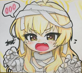 Rule 34 | 1girl, absurdres, bandages, blonde hair, blue archive, claw pose, commentary request, fang, flying sweatdrops, halo, highres, looking at viewer, mummy costume, naked bandage, open mouth, shikishi, signature, solo, speech bubble, spoken blush, tomimon, traditional media, upper body, yellow eyes, yellow halo, yoshimi (blue archive), yoshimi (halloween) (blue archive)