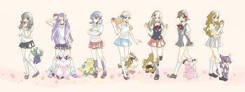 00s 10s 1990s_(style) 6+girls annotated bidoof black_eyes black_hair black_legwear blonde_hair blue_eyes blue_hair bow bowtie brown_eyes brown_hair collared_shirt covered_mouth flaaffy gen_1_pokemon gen_2_pokemon gen_3_pokemon gen_4_pokemon gen_5_pokemon highres holding holding_poke_ball knees_together_feet_apart lass_(pokemon) lass_(pokemon_bw) lass_(pokemon_dppt) lass_(pokemon_frlg) lass_(pokemon_gsc) lass_(pokemon_hgss) lass_(pokemon_rgby) lass_(pokemon_rse) legs_apart long_hair loose_socks miniskirt multiple_girls multiple_persona nintendo npc_trainer oddish pantyhose pidgey poke_ball pokemon pokemon_(creature) pokemon_bw pokemon_dppt pokemon_frlg pokemon_gsc pokemon_hgss pokemon_rgby pokemon_rse purple_eyes purrloin red_bow red_bowtie retro_artstyle school_uniform shimapu shirt shroomish skirt smile snubbull socks standing standing_on_one_leg swept_bangs very_long_hair white_legwear