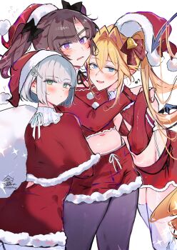 3boys absurdres ayase_ayato_(imamiya_pinoko) bad_source bell black_bow black_pantyhose blonde_hair blue_eyes blush bow brown_hair bulge closed_mouth crop_top crossdressing crossdressing_(mtf) green_eyes grey_hair hair_bell hair_bow hair_intakes hair_ornament hat highres hirakawa_mahiru_(imamiya_pinoko) imamiya_pinoko kakage_azusa_(imamiya_pinoko) long_hair long_sleeves looking_at_viewer male_focus multiple_boys navel original pantyhose parted_bangs parted_lips pointy_ears ponytail purple_eyes red_bow red_shorts santa_costume santa_hat short_hair shorts thick_eyebrows thighhighs trap twintails white_thighhighs