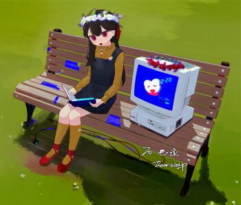 1girl bench black_dress black_hair book computer dress flower flower_wreath grass hair_between_eyes hair_flower hair_ornament head_wreath highres holding holding_book jpeg_artifacts long_hair looking_at_viewer on_bench open_book open_mouth original outdoors overall_skirt oversleep red_eyes red_shoes shoes sitting socks solo wooden_bench wreath yellow_socks