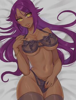 1girl 2024 artist_name bare_shoulders bed bleach bracelet breasts c1nist3r collarbone dark-skinned_female dark_skin female_focus hair_down jewelry large_breasts lingerie lips looking_at_viewer lying navel necklace on_back parted_bangs parted_lips purple_hair shihouin_yoruichi shiny_skin stomach thighs underwear yellow_eyes