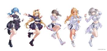 Rule 34 | 5girls, absurdres, akai haato, asymmetrical clothes, blonde hair, blue eyes, blue hair, breasts, commentary request, dark-skinned female, dark elf, dark skin, elf, full body, hair between eyes, highres, hololive, hololive idol uniform (color rise), hoshimachi suisei, idol, idol clothes, long hair, matsuura kento, multicolored hair, multiple girls, natsuiro matsuri, official alternate costume, official art, pointy ears, red eyes, shiranui flare, shirogane noel, simple background, streaked hair, virtual youtuber, white background