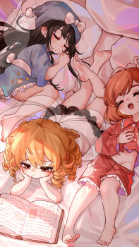 3girls absurdres bed_sheet black_hair blonde_hair blue_hat blue_nightgown closed_mouth drill_hair fairy fairy_wings hat head_rest highres kourou_(kouroukun) long_hair luna_child medium_hair multiple_girls navel nightgown open_mouth orange_hair orange_pajamas orange_shirt orange_shorts pajamas pillow reading shirt shorts sleeping star_sapphire sunny_milk touhou white_nightgown wings