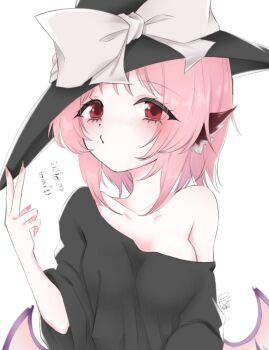 1girl alternate_costume armpit_crease bird_girl bird_wings black_hat black_shirt blush bow breasts collarbone commentary fingernails hat hat_bow highres looking_at_viewer medium_breasts mystia_lorelei nail_polish o3o pink_hair red_eyes shirt short_hair signature simple_background single_bare_shoulder solo touhou touya_(148rty) translation_request upper_body v white_background white_bow wing_ears wings