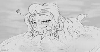 1girl bad_tag bathing beckoning blush boa_sandersonia breasts huge_breasts long_hair long_tongue looking_at_viewer monochrome nude one_piece schwoo-the-squid sketch tongue tongue_out
