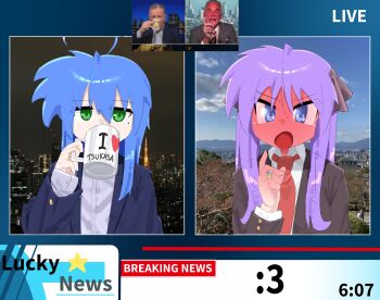 :3 ahoge angry black_ribbon blue_eyes blue_hair blue_jacket blush brown_jacket cup dress_shirt english_text formal_clothes full-face_blush green_eyes hair_between_eyes hair_ribbon highres hiiragi_kagami holding holding_cup izumi_konata jacket jewelry jordan_peterson long_hair long_sleeves looking_at_viewer lucky_star meme mole mole_under_eye mug multiple_girls necktie news open_mouth papyopyo photo-referenced piers_morgan pointing purple_hair red_necktie reference_inset ribbon ring shirt suit suit_jacket twintails v-shaped_eyebrows white_shirt