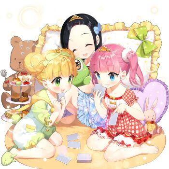 3girls :3 :d :p :q ^_^ akane_garnet alternate_hairstyle animal_costume animal_ears animal_hood aqua_eyes bare_arms bare_shoulders barefoot bear_ears bed between_legs black_hair blonde_hair blue_eyes blunt_bangs blush book bow breasts brown_hair candy candy_wrapper card cardigan cellphone clarice_lapis closed_eyes closed_mouth collarbone cookie cup donut double_bun dress fang fingernails food food_on_face frilled_dress frilled_pillow frills fruit girl_sandwich green_bow green_dress green_eyes green_jacket green_ribbon hair_bow hair_bun hair_ornament hair_ribbon hairclip hand_between_legs hand_mirror handheld_game_console heart heart-shaped_pillow heart_print holding holding_phone hood hood_down hoodie indoors jacket kneeling licking_lips long_hair long_sleeves looking_at_viewer macaron medium_breasts mirror multiple_girls nail_polish off_shoulder open_book open_mouth pajamas parted_bangs phone pillow pink_hair plaid_bow plaid_clothes plaid_dress plate pocky polka_dot polka_dot_bow polka_dot_ribbon pom_pom_(clothes) puffy_short_sleeves puffy_sleeves rabbit ribbon ribbon_trim salt_(salty) sandwiched sapphire_emerald scrunchie shirt short_dress short_hair short_shorts short_sleeves short_twintails shorts sitting skirt sleeveless sleeveless_dress sleeves_past_wrists slippers smartphone smile star_(symbol) star_hair_ornament star_print striped_background stuffed_animal stuffed_toy teddy_bear thighhighs tongue tongue_out twintails uchi_no_hime-sama_ga_ichiban_kawaii unmoving_pattern wariza white_dress white_shirt yellow_jacket zettai_ryouiki