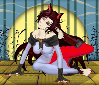 1girl animal_ears arm_support bamboo bare_shoulders blush body_hair breasts brown_hair dress fingernails full_moon gem grey_dress imaizumi_kagerou kams large_breasts leg_up lips long_fingernails long_hair long_toenails moon multicolored_dress nose_blush on_floor red_dress red_eyes red_gemstone red_nails scratching_head tatami toenails touhou very_long_hair wolf_ears