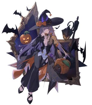 1girl absurdres alternate_costume bat_wings bow breasts brown_hair cake_cat_(honkai:_star_rail) coattails commentary_request criss-cross_straps crossed_legs flower hair_ribbon halloween hat herta_(honkai:_star_rail) highres honkai:_star_rail honkai_(series) jack-o&#039;-lantern lantern long_hair medium_breasts mirror open_clothes pants pumpkin ribbon sasa_(sasa_ekakiman) solo_focus star_(sky) the_herta_(honkai:_star_rail) very_long_hair white_background wings witch_hat