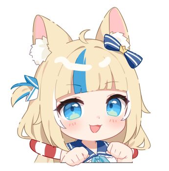 Rule 34 | 1girl, :3, ahoge, animal ear fluff, animal ears, blonde hair, blue eyes, blue hair, blue sailor collar, cat ears, clenched hands, commentary, english commentary, highres, hitsukuya, indie virtual youtuber, looking at viewer, multicolored hair, paw pose, sailor collar, sameko saba, shirt, simple background, smile, solo, streaked hair, virtual youtuber, white background, white shirt