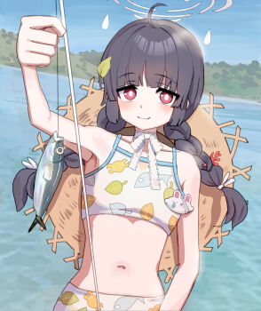 1girl ahoge arm_at_side armpits bare_arms bare_shoulders bikini black_hair blue_archive blue_sky blunt_bangs blush braid breasts bright_pupils collarbone cowboy_shot day fish fishing fishing_rod grey_halo halo hand_up hat hat_on_back highres holding holding_fishing_rod lace lace-trimmed_ribbon lace_trim leaf leaf_on_head leaf_print long_hair looking_at_viewer low_twintails midriff miyu_(blue_archive) miyu_(swimsuit)_(blue_archive) navel neck_ribbon ocean official_alternate_costume official_alternate_hairstyle print_bikini red_eyes ribbon sky small_breasts smile solo straw_hat swimsuit twin_braids twintails unworn_hat unworn_headwear water white_bikini white_ribbon yukinoshin_f