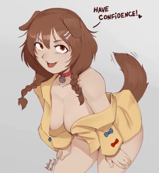 Rule 34 | 1girl, animal collar, animal ears, arbuz budesh, areola slip, artist name, bent over, bone hair ornament, bottle, braid, breasts, brown hair, brown tail, cartoon bone, collar, commentary, cowboy shot, dog ears, dog girl, dog tail, english commentary, english text, fang, floppy ears, grey background, hair between eyes, hair ornament, hands on own legs, heart, hololive, inugami korone, inugami korone (1st costume), jacket, long hair, looking at viewer, low twin braids, medium breasts, naked jacket, no bra, open clothes, open jacket, open mouth, red collar, red eyes, simple background, smile, solo, tail, twin braids, virtual youtuber, yellow jacket