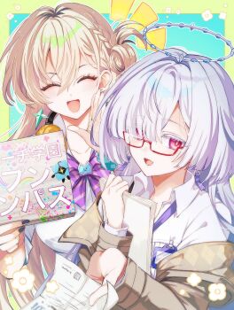 2girls :d absurdres blonde_hair braid closed_eyes colored_eyelashes comiket_107 commentary_request earrings glasses grey_hair hair_between_eyes highres jewelry long_hair lynae_(wuthering_waves) mornye_(wuthering_waves) multiple_girls open_mouth red-framed_eyewear red_eyes second-party_source semi-rimless_eyewear smile star_(symbol) star_earrings triangle_earrings under-rim_eyewear watermark wuthering_waves yuyuhi_gm