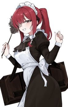 1girl absurdres alternate_costume apron bandaid black_dress black_sleeves collared_dress cowboy_shot dress duster feather_duster frilled_apron frills from_side gauze gauze_over_eye green_eyes highres holding_tool kim_nyangpeon limbus_company long_hair looking_at_viewer maid_apron maid_headdress ponytail project_moon red_hair simple_background smile solo teeth white_background yuri_(project_moon)