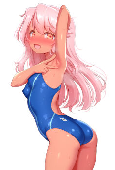 1girl :d armpits ass blue_one-piece_swimsuit chloe_von_einzbern competition_swimsuit fate/kaleid_liner_prisma_illya fate_(series) highres loli long_hair looking_at_viewer one-piece_swimsuit open_mouth pink_hair presenting_armpit simple_background smile solo swimsuit white_background zirba