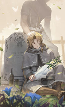 Rule 34 | 2boys, adpong, black shirt, blue flower, blurry, blurry foreground, boots, bouquet, brown footwear, brown hair, bug, butterfly, closed eyes, coat, commentary, father and son, fence, flower, ghost, grass, grey coat, hand on another's head, head out of frame, headpat, highres, holding, holding bouquet, insect, leaf, long hair, long sleeves, male focus, multiple boys, mushoku tensei, outdoors, parted lips, paul greyrat, ponytail, rudeus greyrat, shirt, short sleeves, sitting, sleeping, spoilers, tombstone