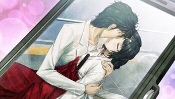2boys beard_stubble black_hair blush bob_cut breast_pocket brown_pants carrying carrying_person cellphone_photo chihaya_(clothing) choker closed_eyes coat collarbone eyelashes faceless faceless_male facial_hair fingernails from_side game_cg hair_ornament hairclip hakama hakama_skirt highres hug huke imminent_kiss japanese_clothes kosode lab_coat lapels leaning_on_person long_sleeves lying lying_on_lap lying_on_person messy_hair miko multiple_boys non-web_source notched_lapels object_in_pocket official_art okabe_rintarou on_back on_lap open_mouth pants pen_in_pocket pocket red_hakama ribbon_choker ribbon_trim science_adventure shirt sitting skirt skull_hair_ornament steins;gate steins;gate:_my_darling's_embrace stubble t-shirt tile_floor tiles tongue trap urushibara_luka white_coat white_shirt wide_sleeves yaoi