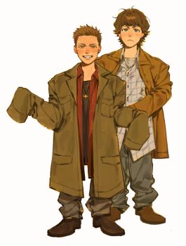 2boys :&lt; aged_down baggy_pants black_shirt blonde_hair boots brothers brown_boots brown_hair brown_jacket child collared_shirt crew_cut dean_winchester denim full_body green_eyes grey_pants grid_print highres jacket jeans jewelry kunnuscumnus looking_at_viewer mole mole_on_cheek mole_under_mouth multiple_boys necklace open_clothes open_jacket open_shirt oversized_clothes oversized_jacket oversized_shirt pants red_shirt sam_winchester shirt shirt_under_shirt siblings simple_background sleeves_past_fingers sleeves_past_wrists smile standing supernatural_(tv_series) teeth white_background white_shirt wolf_cut