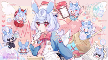 6+girls :o ameoto_00 animal_ears apron aqua_bow aqua_shirt aqua_skirt arm_up artist_name bag beret black_overalls black_pants blue_bow blue_bowtie blue_capelet blue_dress blue_hair blush border bow bowtie brooch bubble buttons capelet cardiogram chibi chinese_commentary clipboard closed_mouth commentary_request crossed_bangs cup drawstring dress drinking_straw frilled_skirt frills fur-trimmed_capelet fur_trim genshin_impact gloves gradient_hair grey_hoodie hair_between_eyes hair_bow hair_ornament hand_up hat hat_bow heart heart-shaped_bag highres holding holding_clipboard holding_quill holding_tray hood hood_down hoodie jewelry large_syringe long_sleeves looking_at_viewer low_twintails medium_hair melusine_(genshin_impact) milkshake mini_person minigirl multicolored_hair multiple_girls multiple_persona nurse_cap open_mouth outside_border overalls oversized_object pants pill pink_background pink_border pink_bow pink_bowtie pixel_heart pleated_skirt pom_pom_(clothes) pom_pom_hair_ornament puffy_long_sleeves puffy_short_sleeves puffy_sleeves purple_hair quill red_bow red_bowtie red_eyes red_hat red_skirt shirt short_sleeves sidelocks sigewinne_(genshin_impact) skirt smile sunglasses syringe thumbs_up tray twintails twitter_username watermark white_apron white_gloves white_hat white_shirt wings yellow_background