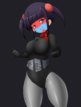 1girl artist_request bad_anatomy black_gloves black_leotard breasts curvy gloves green_eyes highres kamen_rider large_breasts leotard long_hair looking_at_viewer pantyhose purple_hair smile solo standing toujima_tanzaburou_wa_kamen_rider_ni_naritai twintails wide_hips yukarisu