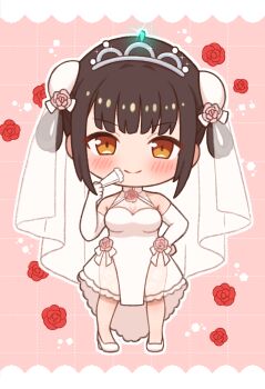 >:) 1girl absurdres alternate_costume bare_shoulders blunt_bangs blush bridal_veil bride bun_cover chibi chibi_only closed_mouth commentary_request double_bun dress dress_flower elbow_gloves flower frilled_dress frills gloves hair_bun hair_flower hair_ornament hair_rings hand_on_own_hip hand_up heaven_burns_red high_heels highres li_yingxia looking_at_viewer medium_dress medium_hair orange_eyes outline pink_background pink_flower pink_rose red_flower red_rose rose shoes sidelocks simple_background sizmaru11 sleeveless sleeveless_dress smile solo split_mouth standing v-shaped_eyebrows veil wedding_dress white_dress white_gloves white_outline white_shoes