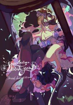 1girl black_pantyhose black_shoes black_skirt blindfold broken_hourglass brown_hair closed_mouth commentary_request commission frilled_skirt frills full_body grey_shirt high_heels highres hourglass in_hourglass long_hair original pantyhose purple_background shinjitsu_no_kuchi shirt shoes skeb_commission skirt sleeveless sleeveless_shirt smile solo