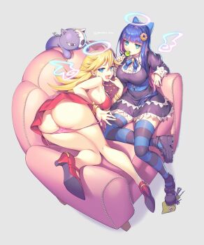 2girls absurdres ass bad_id bad_twitter_id bangle black_dress black_footwear blonde_hair blue_eyes blue_hair blue_ribbon blunt_bangs bracelet breasts candy collared_dress couch dress earrings finger_to_mouth food foreshortening from_above gomashio_ponz grey_background hair_between_eyes halo hand_up high_heels highres holding holding_candy holding_food holding_lollipop hoop_earrings jewelry kneepits large_breasts lollipop long_hair long_sleeves looking_at_viewer looking_back medium_breasts multicolored_hair multiple_girls nail_polish naughty_face neck_ribbon open_mouth panties panty_&amp;_stocking_with_garterbelt panty_(psg) panty_pull pink_hair pink_panties puffy_sleeves pulling_own_clothes purple_nails raised_eyebrows red_dress red_footwear red_nails ribbon siblings side-tie_panties simple_background sisters sitting stocking_(psg) striped_clothes striped_legwear striped_thighhighs stuffed_animal stuffed_cat stuffed_toy thighhighs thighs twitter_username two-tone_hair underwear