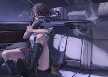 1girl black_hair blouse car car_interior clothes_around_waist clothes_between_thighs collared_shirt female_focus firing grey_eyes gun highres holding holding_gun holding_weapon jacket jacket_around_waist koh_(minagi_kou) loose_necktie motor_vehicle necktie original pleated_skirt rifle school_uniform serafuku shirt sitting skirt smoke sniper sniper_rifle solo thighs weapon white_shirt